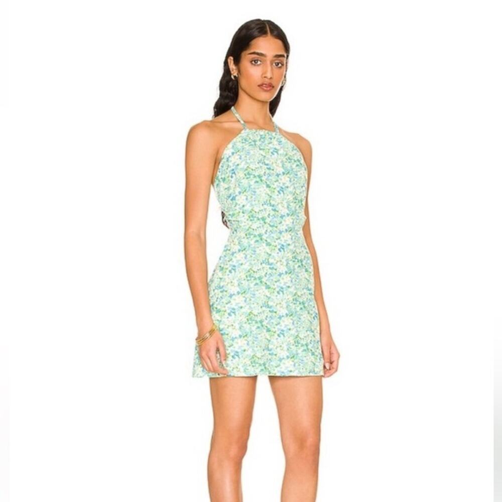 Faithfull the Brand Pastel Green Floral Halter Mini Dress